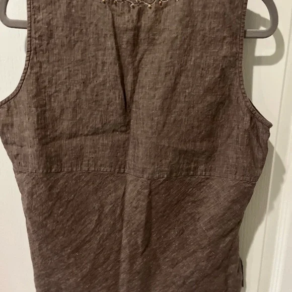 Linen Vintage J Jill Brown Sleeveless Blouse with Embroidery and Beads - Picture 4 of 5